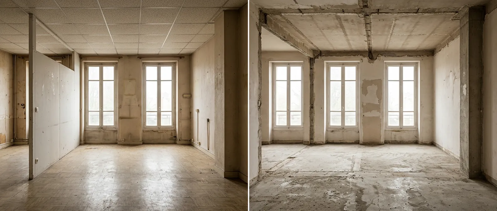 Illustration IA : intérieur vidé de ses éléments non structurels, avant rénovation.
