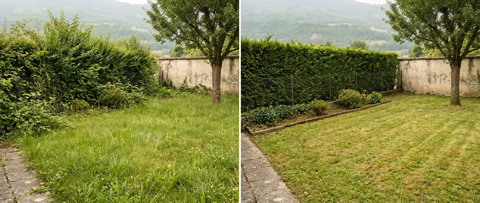 Simulation IA avant/après d’entretien d’un jardin : herbes hautes et haie non taillée à gauche ; pelouse tondue et haie entretenue à droite. Ce n’est pas un chantier réel.