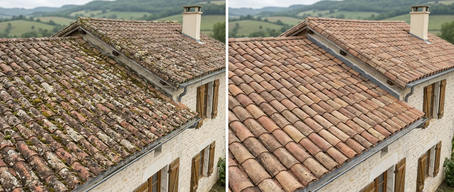 Simulation IA avant/après de nettoyage d’une toiture en tuiles : présence de mousses à gauche, couverture nettoyée à droite. Ce n’est pas un chantier réel.